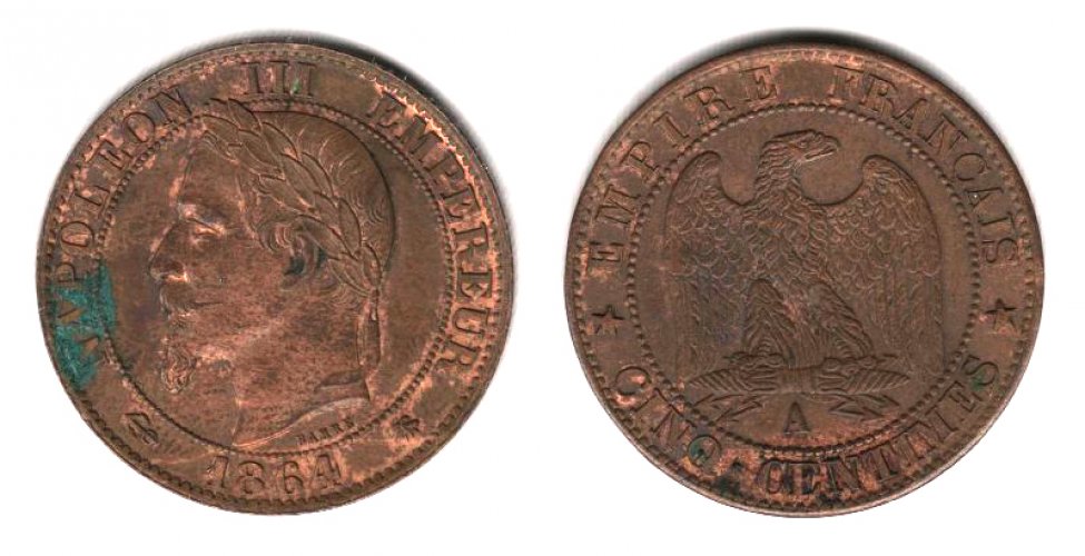 Аверс: В центре, в круглой рамке из мелких точек, портрет (голова) императора Наполеона III, влево: мужчина средних лет в лавровом венке, с усами и небольшой клиновидной бородкой; под обрезом портрета подпись мелким шрифтом: ВАRRЕ. Внизу, между рамкой и ободком, дата:1864. По сторонам от даты знаки: слева-- якорь (горизонтально); справа -- пчела с расправленными крыльями. Вокруг рамки надпись (с разрывом внизу, около рамки и знаков): NAPOLEON III EMPEREUR. Вокруг композиции аверса рамка измелких точек (примыкает к ободку). По краю монеты линейный ободок.
Реверс: В центре, в круглой рамке из мелких точек, изображение орла: в анфас, голова повёрнута вправо, в лапах продолговатый пучок молний (перун), перевязанный в центре лентой; под орлом буква А. Слева и справа от рамки по пятиконечной звезде (разделя- ют надписи). Вокруг рамки надписи: вверху -- ЕМРIRЕ FRANCAIS; внизу-- CITO CENTIMES (обозначение номинала). Вокруг компо- зиции реверса рамка из мелких точек (примыкает к ободку). По краю монеты линейный ободок.
Гурт: гладкий