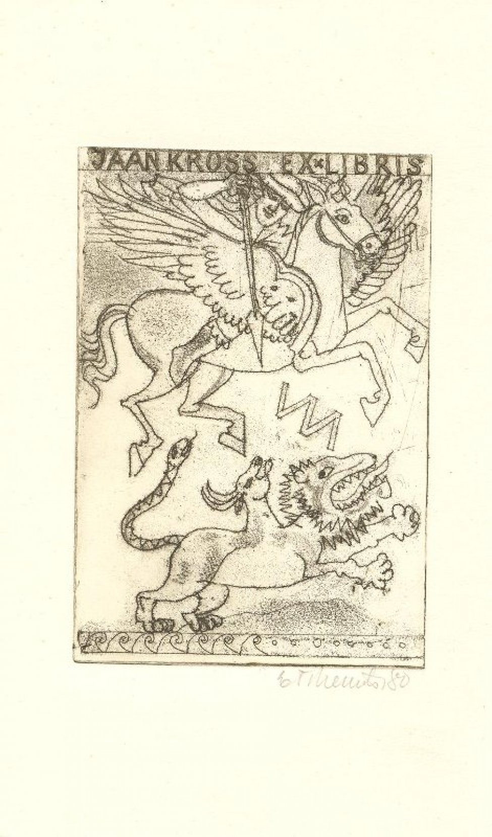Изображен Персей на крылатом коне, поражающий трехголовое чудовище.
