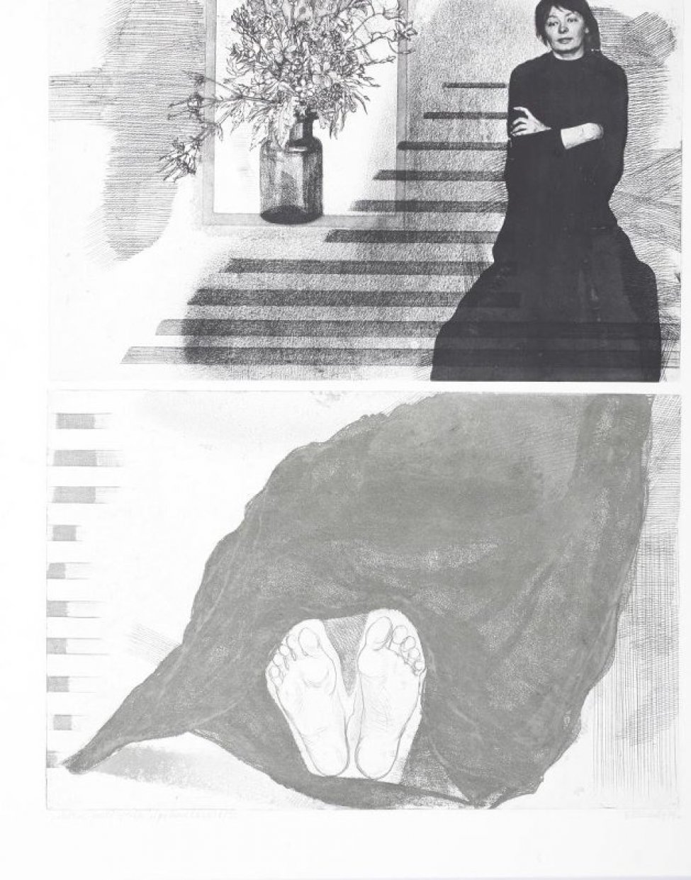 Двухчастная композиция, справа вверху поколенное изображение сидящей молодой женщины в черном платье; слева - букет цветов, в нижней части - обнаженные стопы ног.