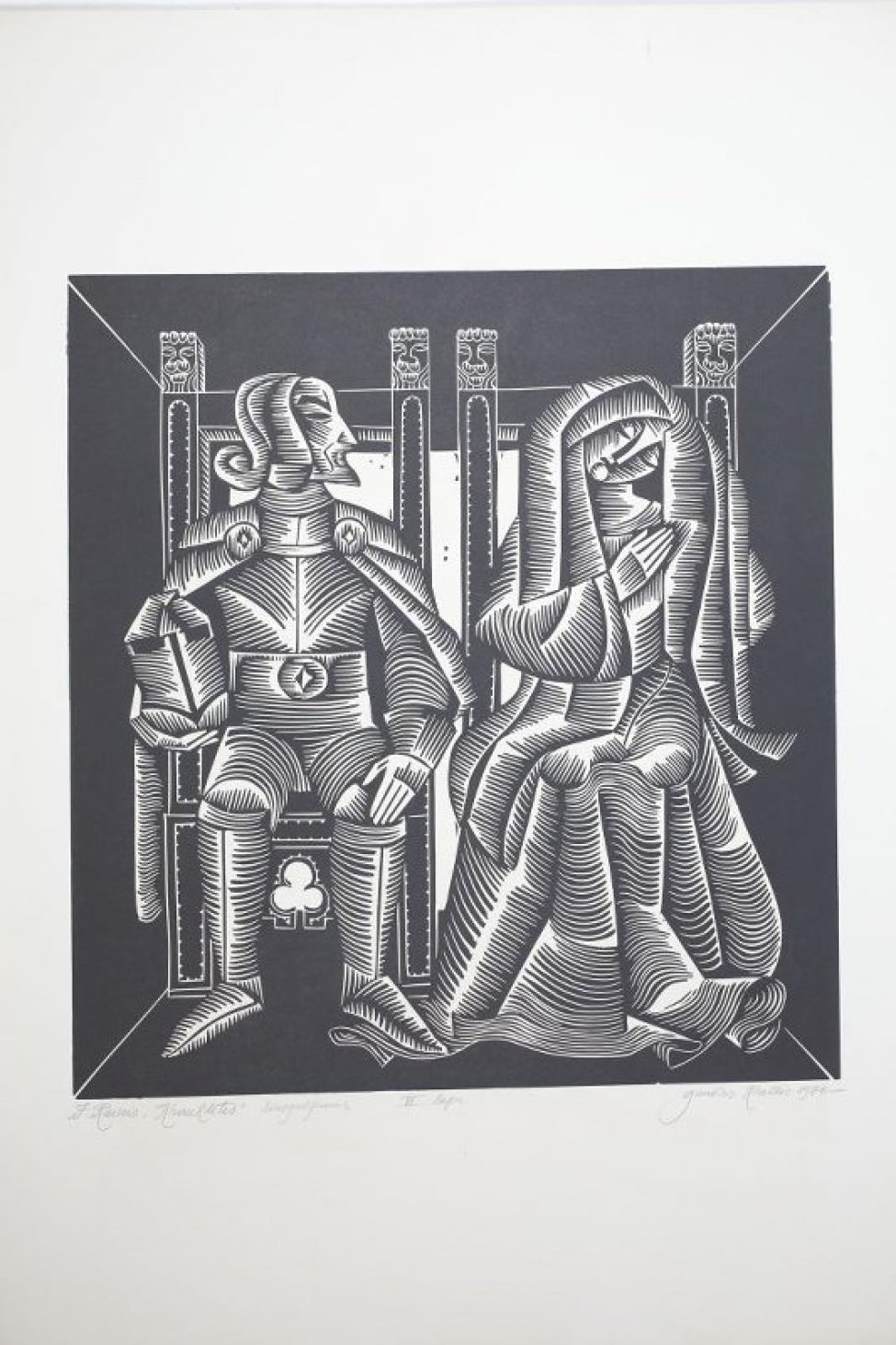 Изображены сидящие на креслах с высокими спинками рыцарь в латах, со шлемом в руке и женщина со склоненной головой.