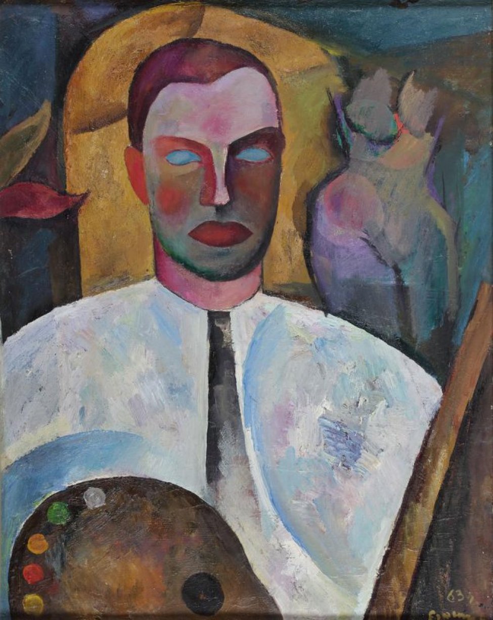 В проеме фрагмента интерьера (где справа часть женского торса и угол картины) дано поясное изображение мужчины с продолговатым лицом, голубыми глазами, в светлом одеянии, с палитрой.