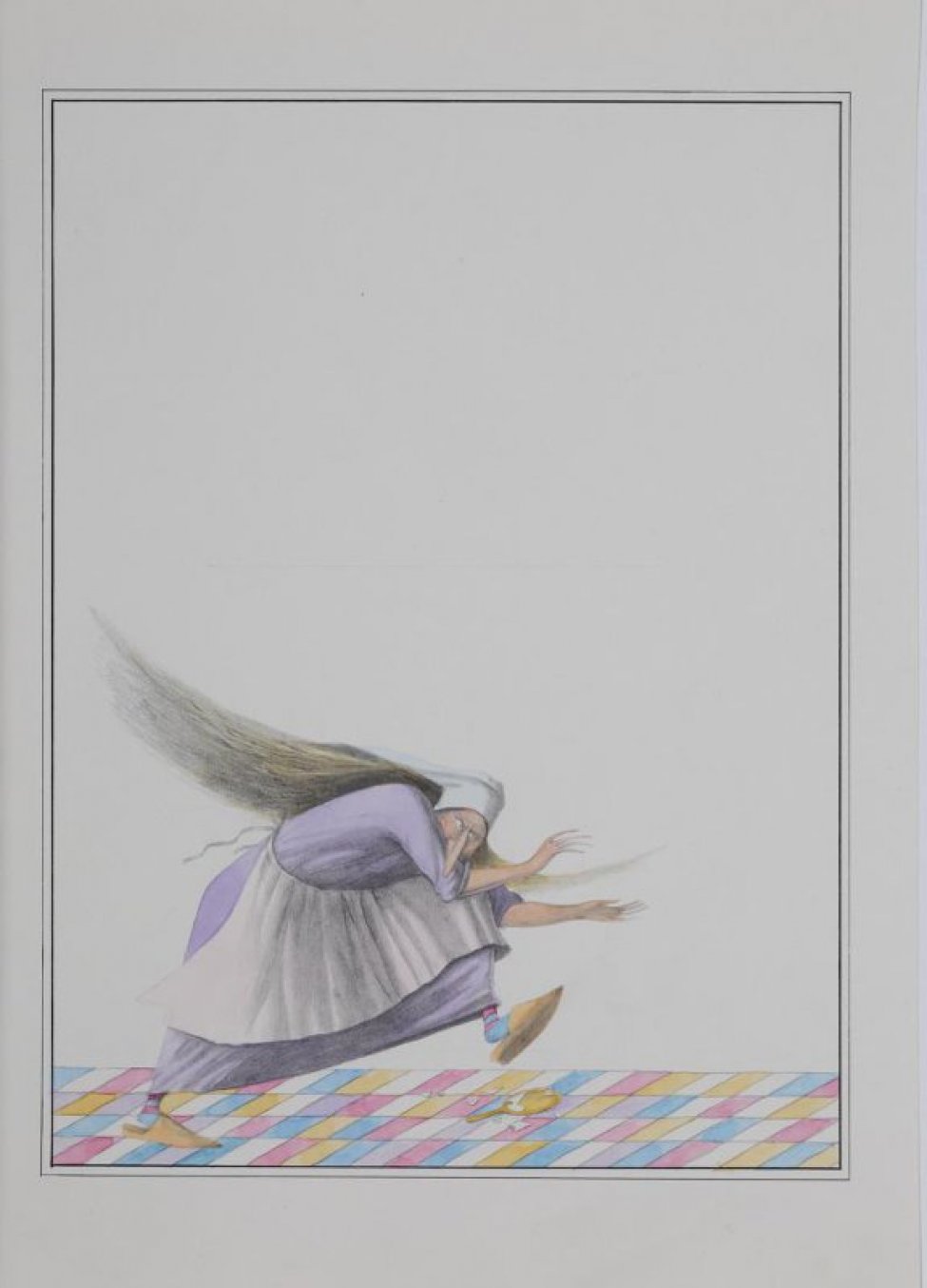 Изображена бегущая по цветному паркету растрепанная женщина в сиреневом длинном платье, светлом переднике; внизу разбитое зеркало.