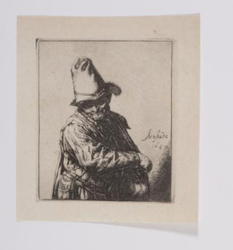 Поясной портрет в 3/4. Изображен  мужчина. На его голове высокая шляпа с пером. Голова изображена прямо, развернута к правому плечу, взгляд опущен. Правая рука согнута в локте, ладонь лежит на музыкальном инструменте, висящем на шее. Слева на изображении, на правом боку мужчины висит сумка.
Справа, ниже середины надпись  в 2 строки «Acostade/ 1647».