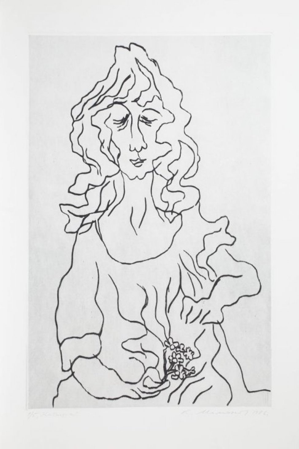 Победренное изображение анфас женщины с закрытыми глазами и волнистыми волосами до плеч; в правой руке - цветущая ветка, левая рука согнута в локте.