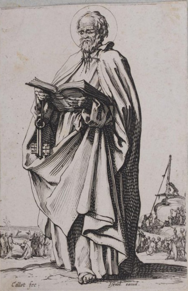 На гравюре изображен святой Петр с нимбом, в длинной ниспадающей одежде. В руках раскрытая книга и ключи. На заднем плане, в сильно уменьшенном масштабе, изображены библейские сюжеты.