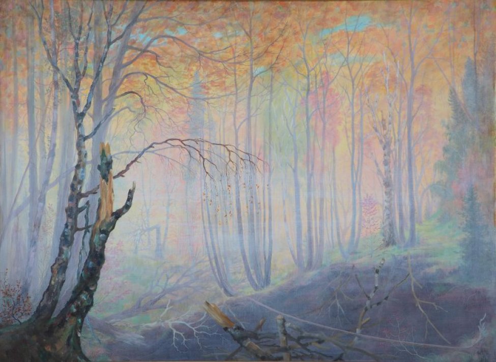 Изображен осенний лес с желто-красной листвой, пронизаный солнцем. На первом плане слева группа деревьев, одно из них сломано, в центре под пригорком лежат сломаные ветки и стволы деревьев.