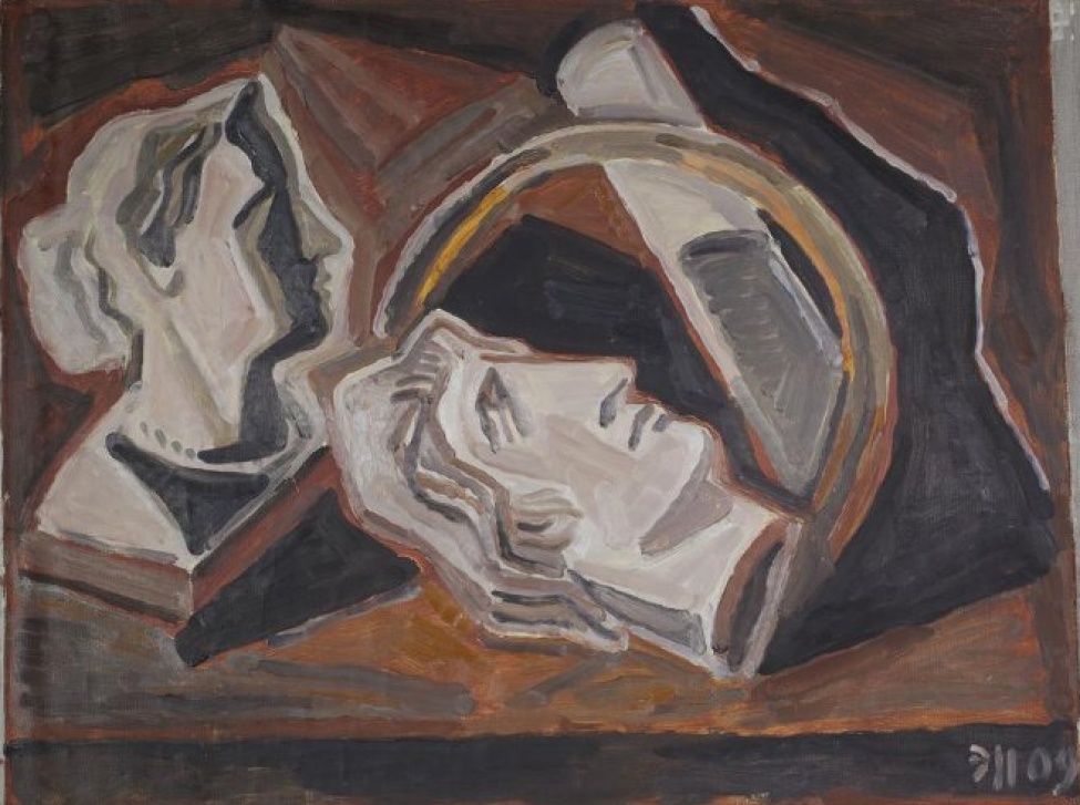 Крупным планом на условном фоне в центре изображена лежащая голова, напоминающая гипсовый слепок с головы Апполона, слева - оплечный женский бюст на постаменте.