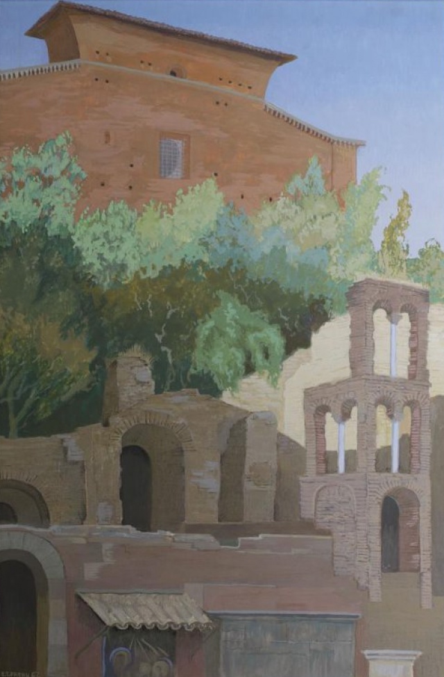 Изображены развалины архитектурного комплекса на фоне зелени и розовой стены монастыря (?) или храма (?).