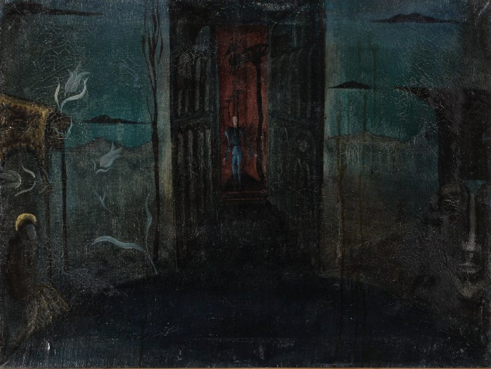 Справа и слева на первом плане изображения головы в уборе Возрождения (Италия) и сидящей женской фигуры с нимбом. В центре среди стен домов изображена фигура юноши в синем на темно-красном фоне.