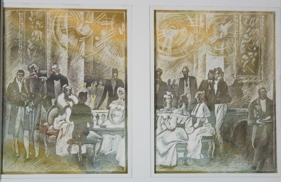 Справа в интерьере зала изображены сидящие женщины, за ними - группа  мужчин. Слева в интерьере зала изображены сидящие за столом две женщины и мужчина со спины, рядом группа мужчин.