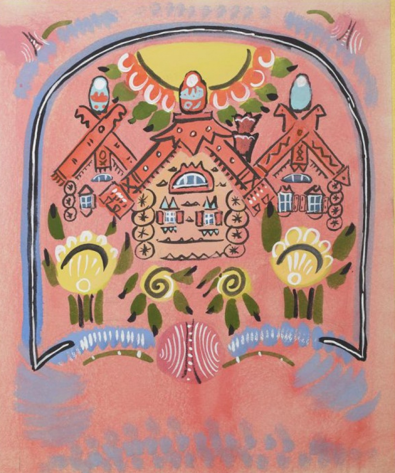 Стилизованное изображение трех крестьянских домов; на крышах - матрешки. Дом в центре увенчан розеткой, на других - курицы. Над домами - солнце, около домов - крупные стилизованные цветы. Изображение заключено в сине-серо-белой рамке. Внизу по розовому фону - голубые полосы и пятна.