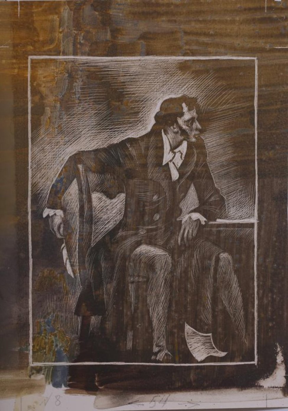 Изображен в 3/4  повороте, сидящий за столом, мужчина с пером в руке.