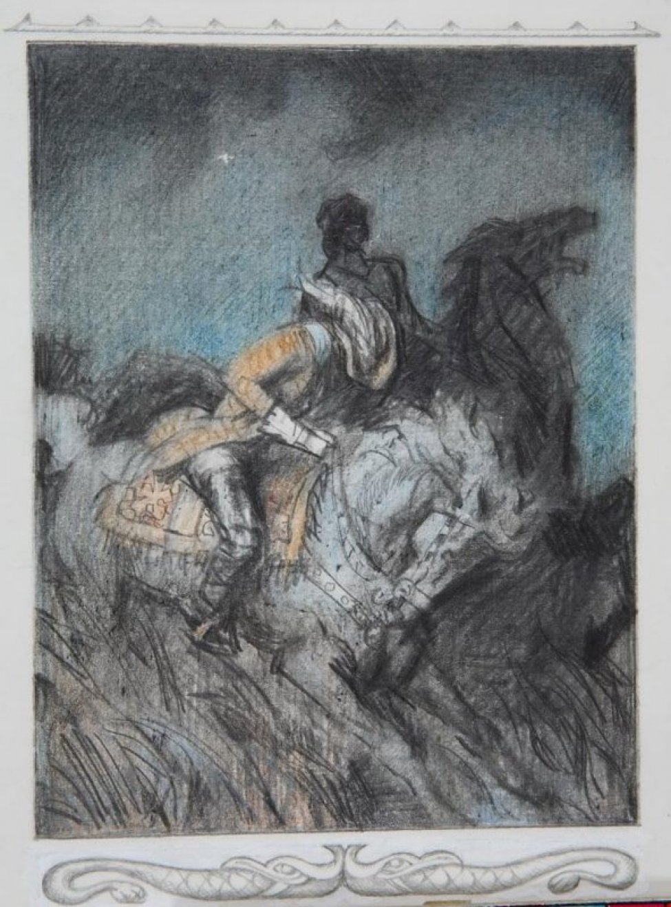 На фоне ночного неба изображены два всадника на скачущих по высокой траве конях. На первом плане - всадник на белой лошади в коричневом военном мундире. На втором плане - силуэтное изображение другого всадника.