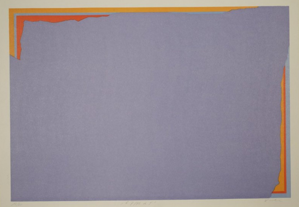 Повторение композиции № Г-7355, но с другим цветовым решением, основной цвет - сиреневый, фрагмент тройной рамки - оранжевый, голубой, красный.