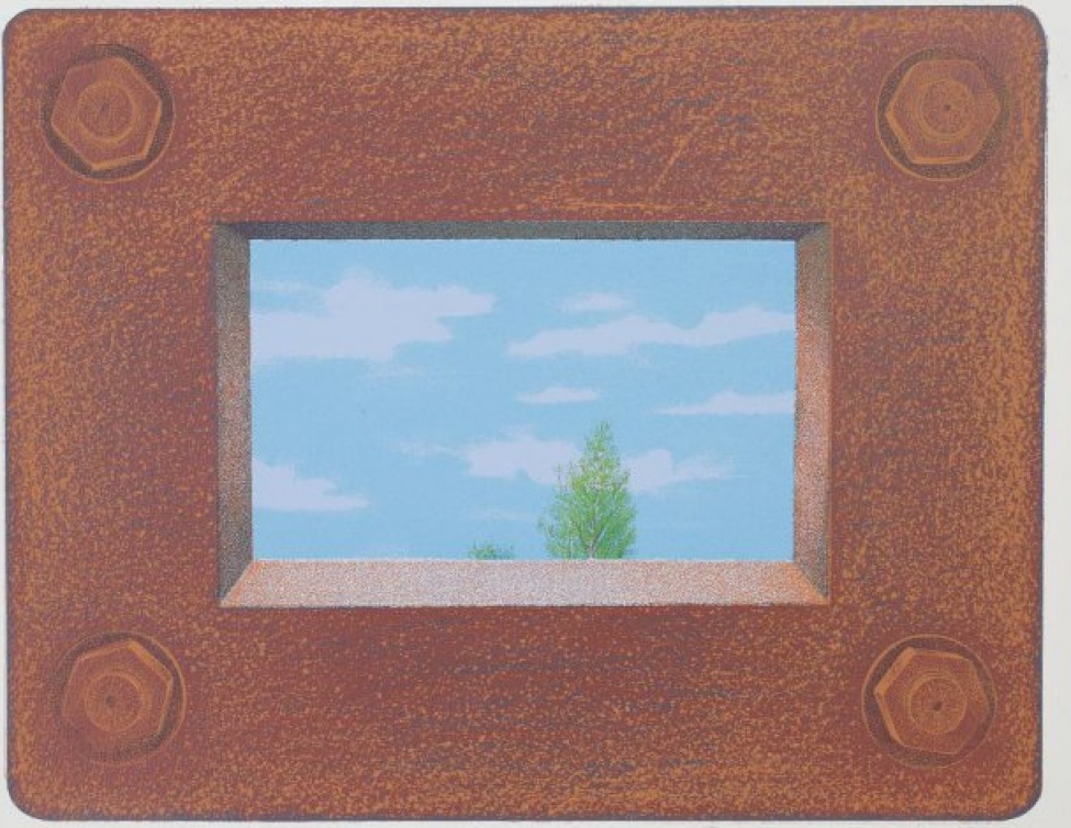 Изображена рамка из ржавого металла с болтами по углам и в ней - пейзаж; на фоне ярко-голубого неба с серовато-голубыми облаками - верхушка березы с пышной, зеленой кроной.
