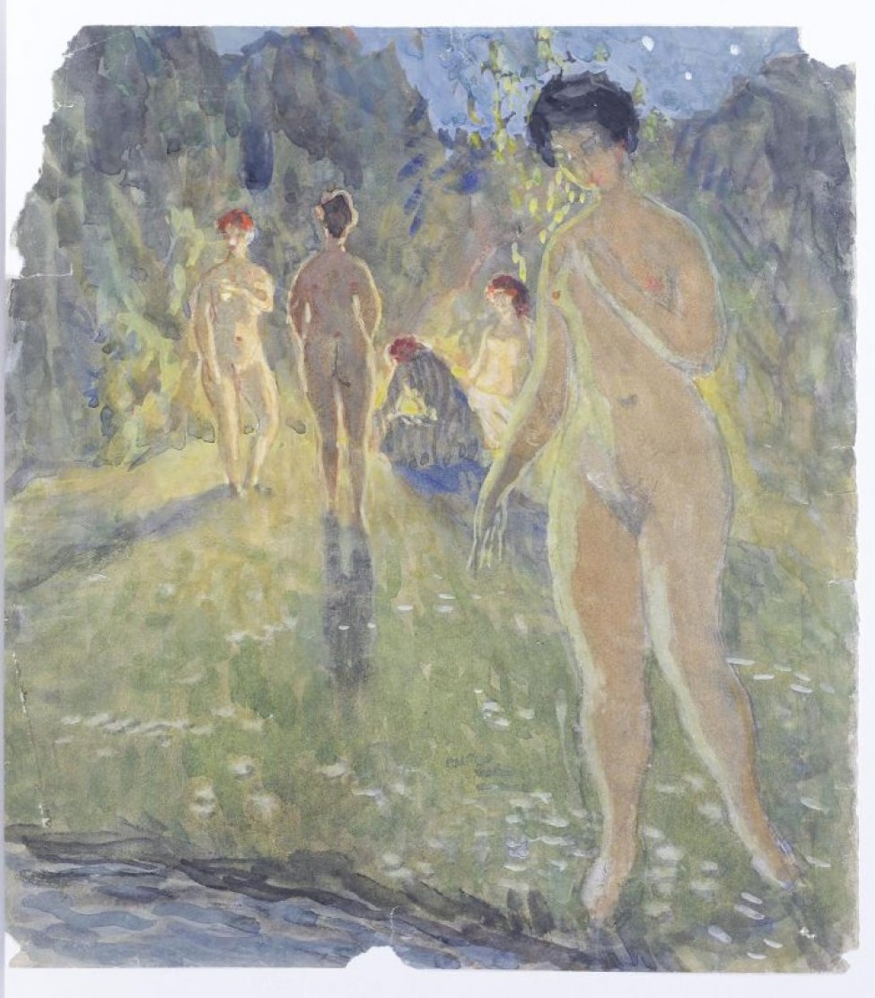 Изображены пять женщин на траве на фоне густых деревьев. На первом плане справа - в рост обнаженная женщина, стоящая у воды. На втором плане слева - группа из четырех женщин у костра: две стоящие обнаженные и две сидящие - одна обнаженная, другая в одежде.