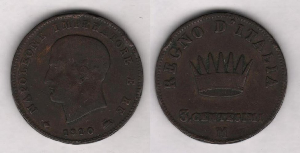 Аверс: В центре -- портрет (голова) короля Италии Наполеона I. влево. Под портретом дата: 1810. Слева от даты плохо различимый продолговатый предмет, справа -- чашка с руч- кой в форме петли. Вокруг портрета надпись (с разрывом внизу, около даты и знаков): NAPOLEONE IMPERATORE E RE. Вокруг композиции аверса узкая шнуровидная рамка (примыкает к ободку). По краю монеты линейный ободок.
Реверс: В центре -- корона с 7 видимыми высокими, узкими треугольными зубцами. Под короной надпись (обозначение номинала): 3.СЕNТESIMI. Под номиналом буква М. Вверху, вокруг короны и вдоль ободка надпись полукругом: REGNO D`ITALIA. Вокруг композиции авер- са узкая шнуровидная рамка (примыкает к ободку). По краю монеты линейный ободок.
Гурт: гладкий