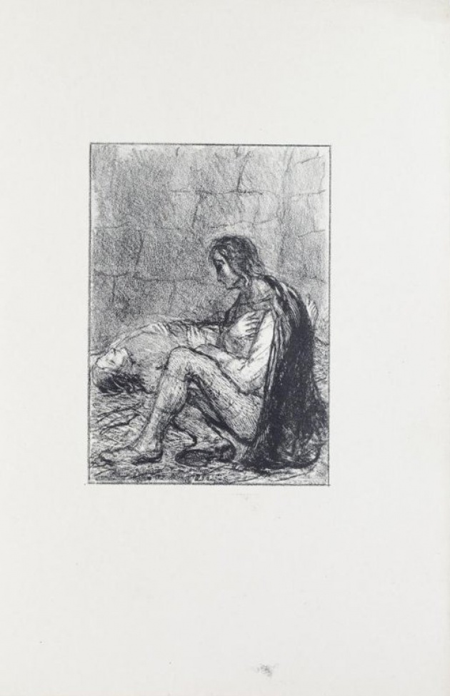 На фоне помещения к каменными стенами изображены фигуры юноши, сидящего на полу и человека,лежащего на спине.