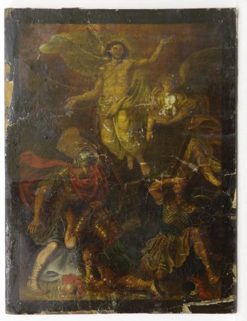 Доска: Икона без выемки. С двумя врезными вдоль односторонними шпонками.
В центре изображен Христос в светлых развевающихся одеждах, справа архангел, открывший крышку гроба, внизу воины. Фон светло-красный, с темно-зеленой каймой.