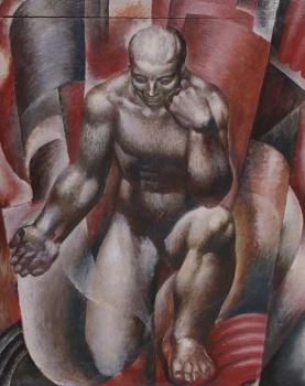 На фоне вертикальных выпуклых форм серого и красного цветов изображена в фас обнаженная мускулистая мужская фигура с опущенной головой на левое колено. Внизу - широкая черная полоса.