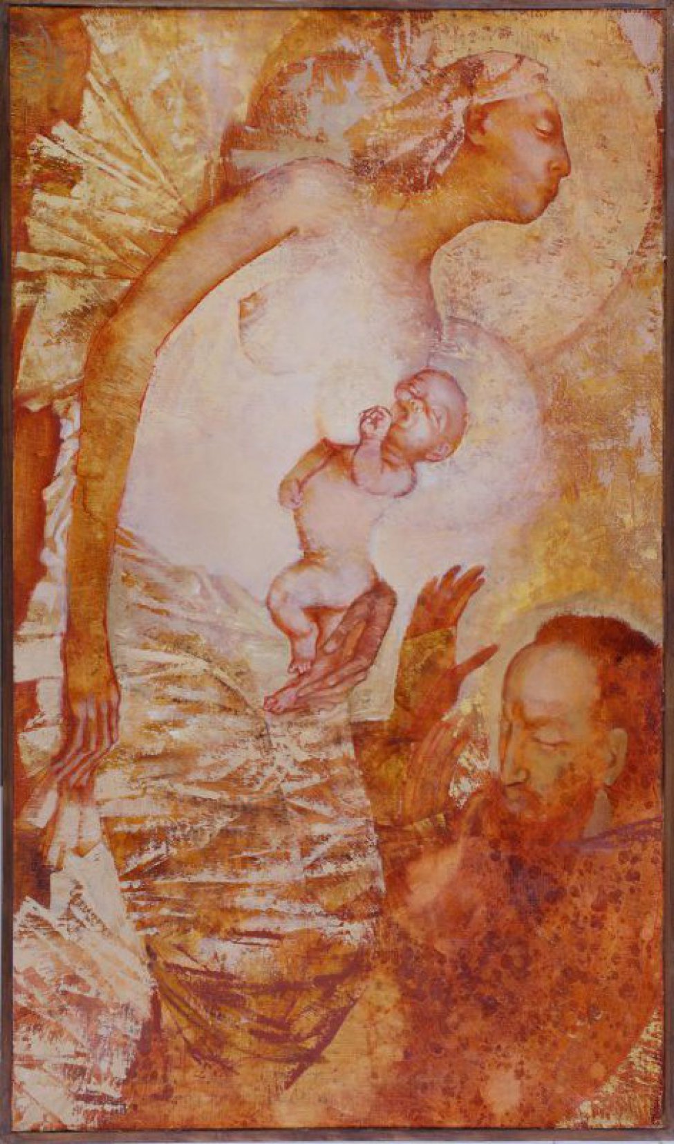Композиция из трех фигур. На переднем плане изображение лежащей полуобнаженной женщины, кормящей грудью ребенка. Над ними - склонившаяся полуфигура мужчины с вытянутыми руками. Лицо в 3/4 повороте.  Над головами женщины и младенца - нимбы.
Обрамление: в обкладке