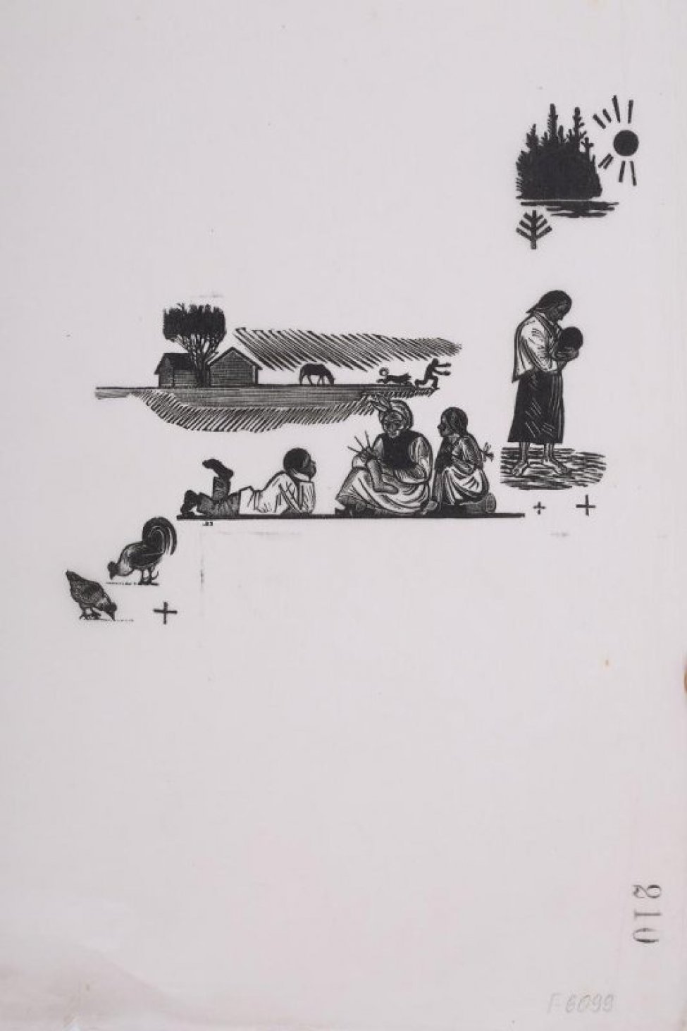 Изображен летний деревенский пейзаж с фигурками женщин,детей, животных.