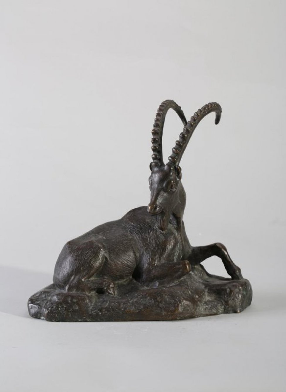 На постаменте неправильной формы изображен лежащий круторогий козел. Левая нога, согнутая в колене, выдвинута вперед.