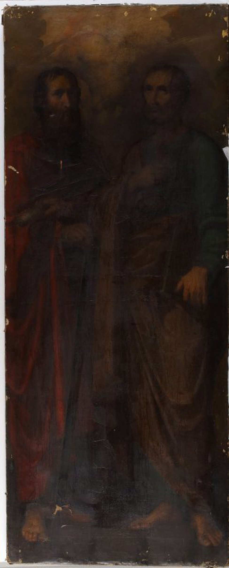 Изображены двое святых: слева - в красной одежде и со свитком в левой руке, справа - в желтой верхней и зеленой нижней одеждах, с ключом в правой руке и евангелием в левой. Оба с непокрытыми головами, в рост, в полуоборот друг к другу. Фон светло-коричнев