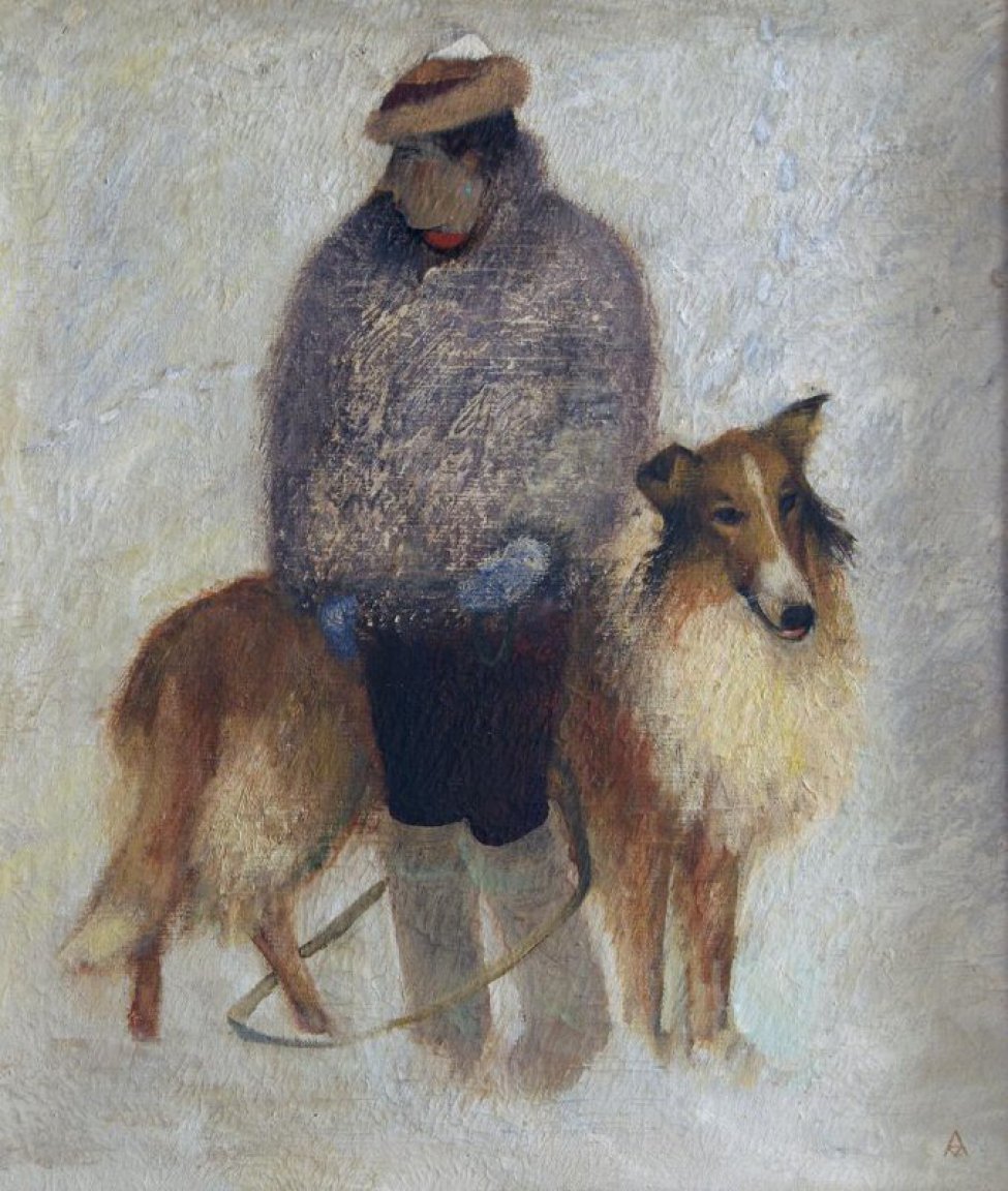 На первом плане в центре в рост изображена молодая женщина с большой собакой породы колли.