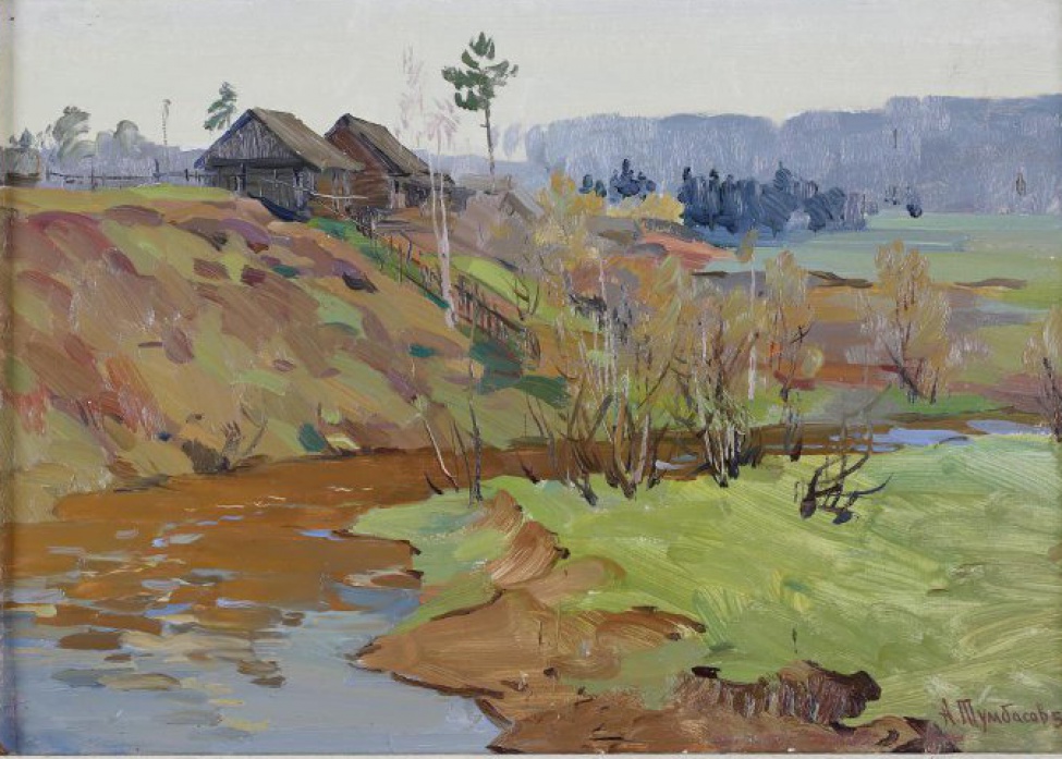 Изображен сельский весенний пейзаж. На берегу реки две деревянные постройки между двумя соснами за плетнем, спускающемся к речке.