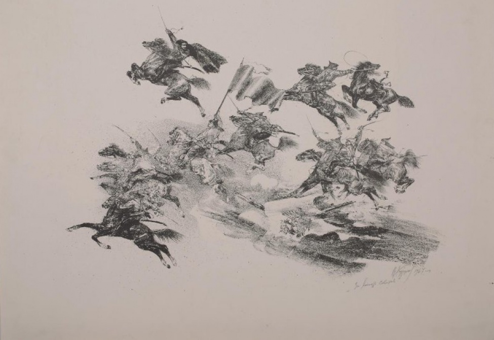 Изображение красноармейцев на скачущих конях. В центре красноармеец  со знаменем. В верхней части слева- Чапаев.