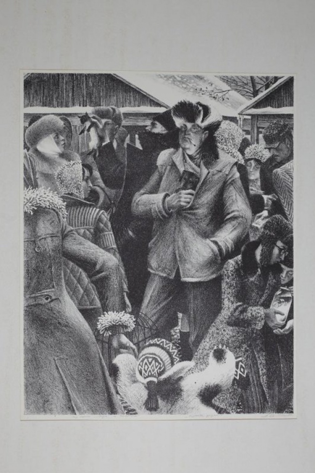 Изображена толпа людей. В центре композиции -мужик со щенком за пазухой.