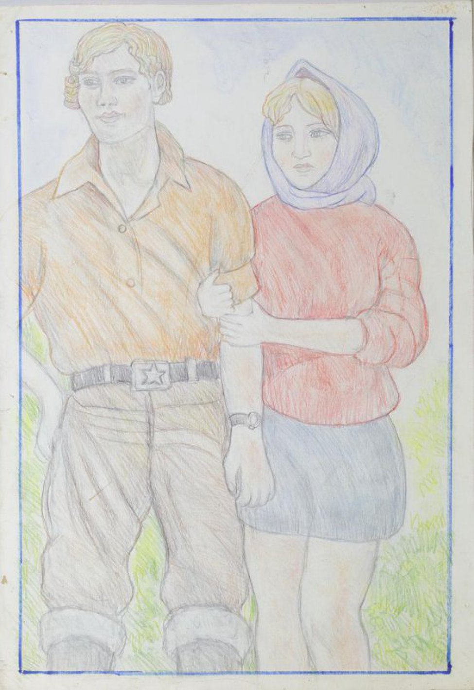 Изображение заключено в синюю рамку. На фоне летнего пейзажа поколенное изображение рыжеволосого юноши в коричневой рубашке и брюках и держащей его под руку светловолосой девушки в голубом платке, красном свитере и синей короткой юбке.