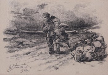 По полю бегут мальчик и девочка, справа от них фигура убитого немца.