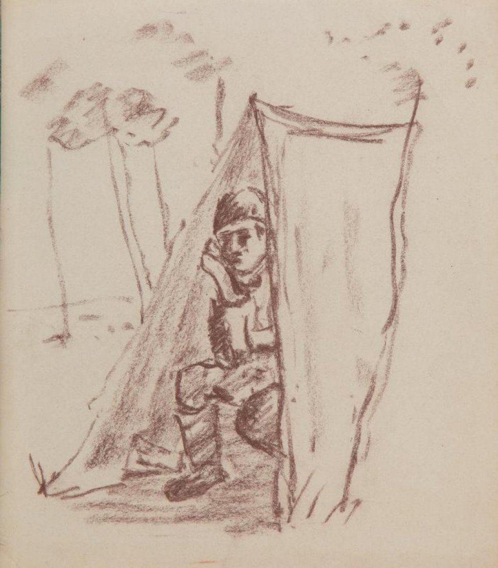 Изображен солдат, сидящий в палатке. На первом плане справа и на заднем плане  слева - стилизованное изображение деревьев.