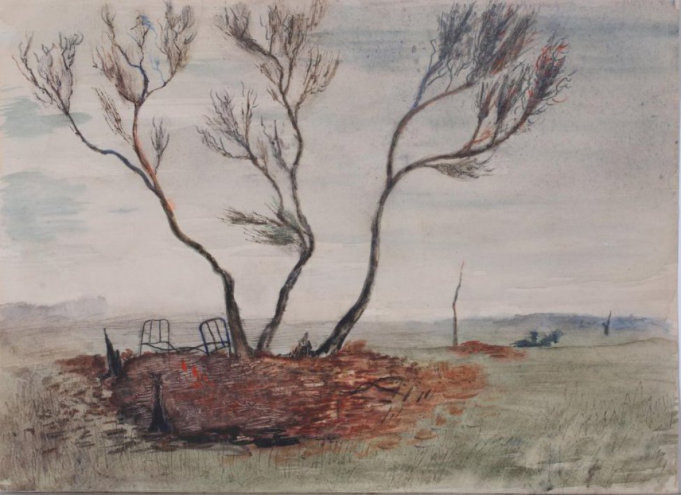 Изображен равнинный пейзаж, в центре которого три дерева с горящими вокруг деревьев травами. Слева - два обгорелых пня и сломанная металлическая кровать. Вдали справа - стволы двух обгоревших деревьев.