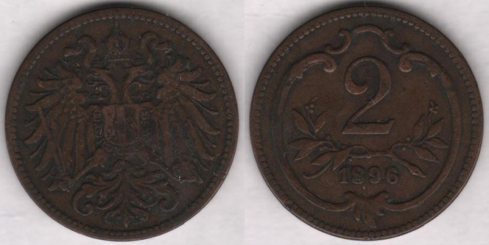 Аверс: В центре -- герб Австрии: двуглавый орёл, на груди которого прямоугольный геральдический щит с серд- цевидным заострением внизу (т. н. французский щит), окружённый ажурной цепью, к которой подвешена небольшая фигурка ягнёнка (орден Золотого Руна); щит рассечён на 3 части (вертикальные полосы): в левой части геральдический коронованный лев на задних лапах, влево, на фоне из точек (золото в гера- льдике), в центре -- на фоне из прямых параллельных вертикальных линий (красный цвет в геральдике)  широкая, гладкая (серебро в геральдике) вертикальная полоса (пояс), в правой части -- на фоне из точек (золото в геральдике) диагональная (влево) перевязь с штриховкой в виде прямых параллельных верти- кальных линий (красный цвет в геральдике) с 3 орлами; на головах по небольшой, увенчанной крестом короне; над головами императорская корона состоящая из украшенного точками обруча, из 5 зубцов в виде листьев (трилистников), из двух полушарий и одной дужки между ними, украшенных точками (жем- чужинами), вверху на дужке держава с крестом, внизу к короне прикреплены две изогнутые узкие ленты (частично скрыты головами орла); в левой лапе орла меч и скипетр, в правой -- держава с крестом; кры- лья состоят из больших продолговатых перьев; хвост -- сильно стилизованные перья расположены в 4 ряда. Вокруг композиции аверса рамка из мелких точек (примыкает к буртику). По краю монеты линей- ный буртик.
Реверс: В центре -- цифра 2 (обозначение номинала). Под цифрой лавровая ветвь с двумя отростками, обрамля- ющих нижнюю часть цифры. Под лавровой ветвью дата: 1896. Вокруг всей композиции круглая рамка (с выступом вверху) из элементов растительного барочного орнамента. Вокруг композиции реверса рамка из мелких точек (примыкает к буртику). По краю монеты линейный буртик.
Гурт: гладкий
