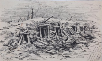 Изображено взорванное укрепление, обгоревшие деревья, обломки бревен.