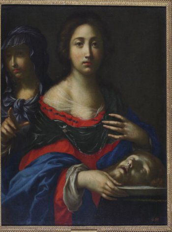 Изображает на темном фоне в пояс молодую девушку с овальным лицом, с темными волосами и яркими губами, в синей, красной и сверху черной одеждах. На обнаженном правом плече белый газ. В правой руке она держит блюдо, на котором лежит голова с длинными белокурыми волосами. Сзади слева изображена женщина в синем капюшоне.