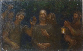 На темном фоне поясное изображение Христа в центре в окружении четырех мужских фигур.
