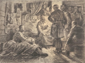 Интерьер деревенской избы. В центре композиции стоят два солдата около сидящей с ребенком женщины. В дверях - группа солдат. Справа на первом плане сидящий солдат. На печи - двое детей.