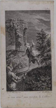 Изображен ночной пейзаж с круглой беседкой, увитой зеленью, на  третьем плане слева; в центре композиции юноша с протянутыми руками. В нижней части композиции слева фрагментированное лнвым и нижним краями изображение двух юношей.