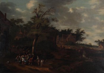 Изображает деревенский пейзаж с домиками и деревьями в левом углу картины и группами веселящихся людей в ярких костюмах на переднем плане.