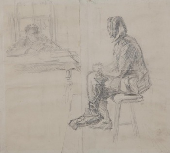 Изображен справа в левый профиль сидящий на скамейке мужчина; голова повязана платком, руки сложены на коленях. Слева за столом в 3/4 повороте вправо сидит мужчина в очках; руки лежат на столе. Сзади окно.
