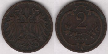 Аверс: В центре -- малый герб Австрийской империи: двуглавый коронованный орел держащий в правой лапе меч и скипетр, в левой державу с крестом, на груди щиток в виде барочного с заострением внизу гера- льдического щита, щиток рассечён на 3 части (вертикальные полосы) с гербами: в правой части герб Габсбургов-- на фоне из точек (золото в геральдике) геральдический лев на задних лапах вправо, в цент- ре герб Австрии -- на фоне из прямых параллельных вертикальных линий (красный цвет в геральдике) широкая, гладкая (серебро в геральдике) вертикальная полоса (пояс), в левой части герб Лотарингского дома -- на фоне из точек (золото в геральдике) диагональная (влево) перевязь с штриховкой в виде пря- мых параллельных вертикальных линий (красный цвет в геральдике) с 3 орлами; вокруг щитка цепь ор- дена Золотого руна из ажурных продолговатых звеньев, знак ордена в виде овечьей  шкуры (руна) рас- положен под щитком на хвосте орла; над головами орла корона Габсбургов, состоящая из украшенного мелкими точками обруча с 5 видимыми зубцами (3 в виде листьев (трилистников), 2 -- с жемчужинами), из митры, состоящей из двух полушарий и одной дужки между ними, увенчанной державой с крестом, внизу к короне прикреплены 2 извилистые узкие ленты (частично скрыты головами орла); крылья состо- ят из больших продолговатых перьев; хвост -- сильно стилизованные перья расположены в 4 ряда. Во- круг композиции аверса рамка из мелких точек (примыкает к буртику). По краю монеты линейный буртик.
Реверс: В центре -- цифра 2 (обозначение номинала). Под цифрой лавровая ветвь с двумя отростками, обрамля- ющих нижнюю часть цифры. Под лавровой ветвью дата: 1897. Вокруг всей композиции круглая рамка (с выступом вверху) из элементов растительного барочного орнамента. Вокруг композиции реверса рамка из мелких точек (примыкает к буртику). По краю монеты линейный буртик.
Гурт: гладкий