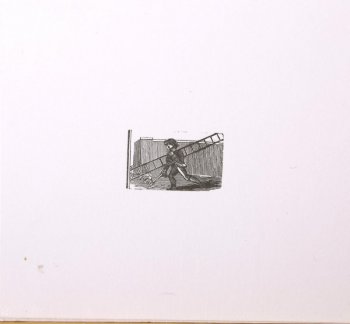 На фоне стены изображен мальчик, несущий на левом плече длинную лестницу-стремянку, а в правой руке - инструмент трубочиста: кисть-щетку.