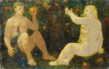На фоне яблони с плодами изображены сидящие на траве обнаженные фигуры мужчины и женщины.
