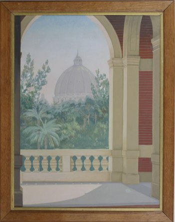На первом плане изображена часть террасы, освещенной солнцем, с арками и балюстрадой, за которой виден большой купол собора.