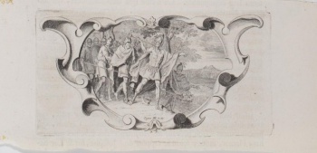 В картуше на фоне пейзажа изображена группа воинов с копьями и щитами; впереди трубящий воин.