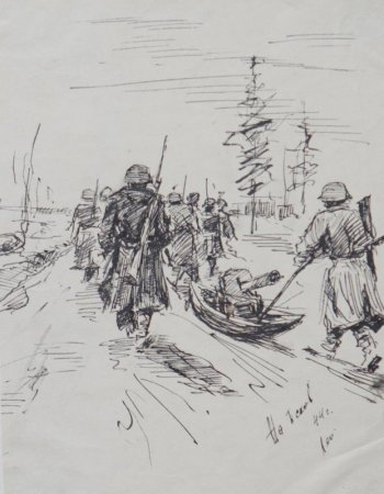 Изображены в рост, со спины, с ружьями на плечах идущие по заснеженной дороге солдаты. На первом плане справа два солдата тащат в лодке пулемет.